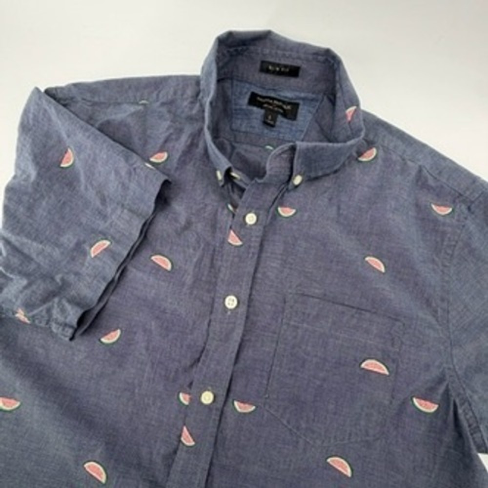 Banana Republic Mens Slim‎ Fit Watermelon Print Organic Cotton Shirt Blue Large